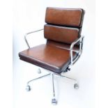 REVOLVING DESK CHAIR, Charles and Ray Eames inspired soft padded hand finished leaf brown leather,