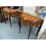 CONSOLE TABLES, a pair, with floral marquetry top on a mahogany finish Louis XV style,