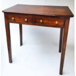 WRITING TABLE, George III flame mahogany with two frieze drawers and square section supports,