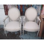 FAUTEUILS, a pair, in beige, in distressed white painted frame, 63cm W.