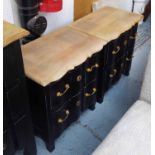 PAIR OF BEDSIDE CHESTS, black with wooden tops, 60cm H x 55cm W x 37cm.