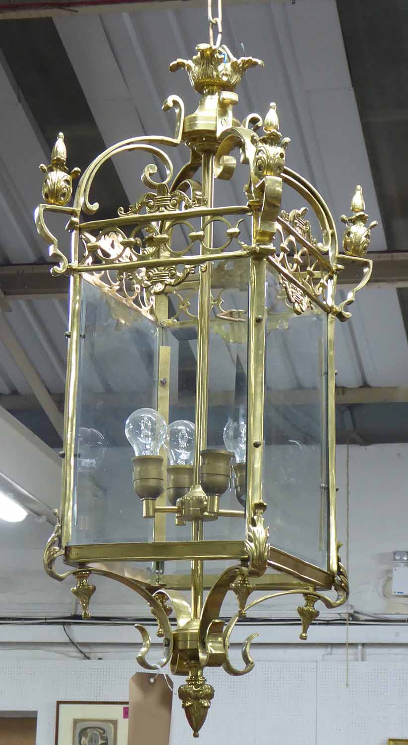 HALL LANTERN, Victorian style gilt finish, bevelled glass, 100cm drop.