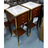 SIDE TABLES, a pair, square form with three drawers below Louis XV style with marble tops,