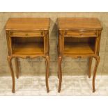 BEDSIDE TABLES, a pair, Louis XV style cherrywood, each with drawer and open cupboard,
