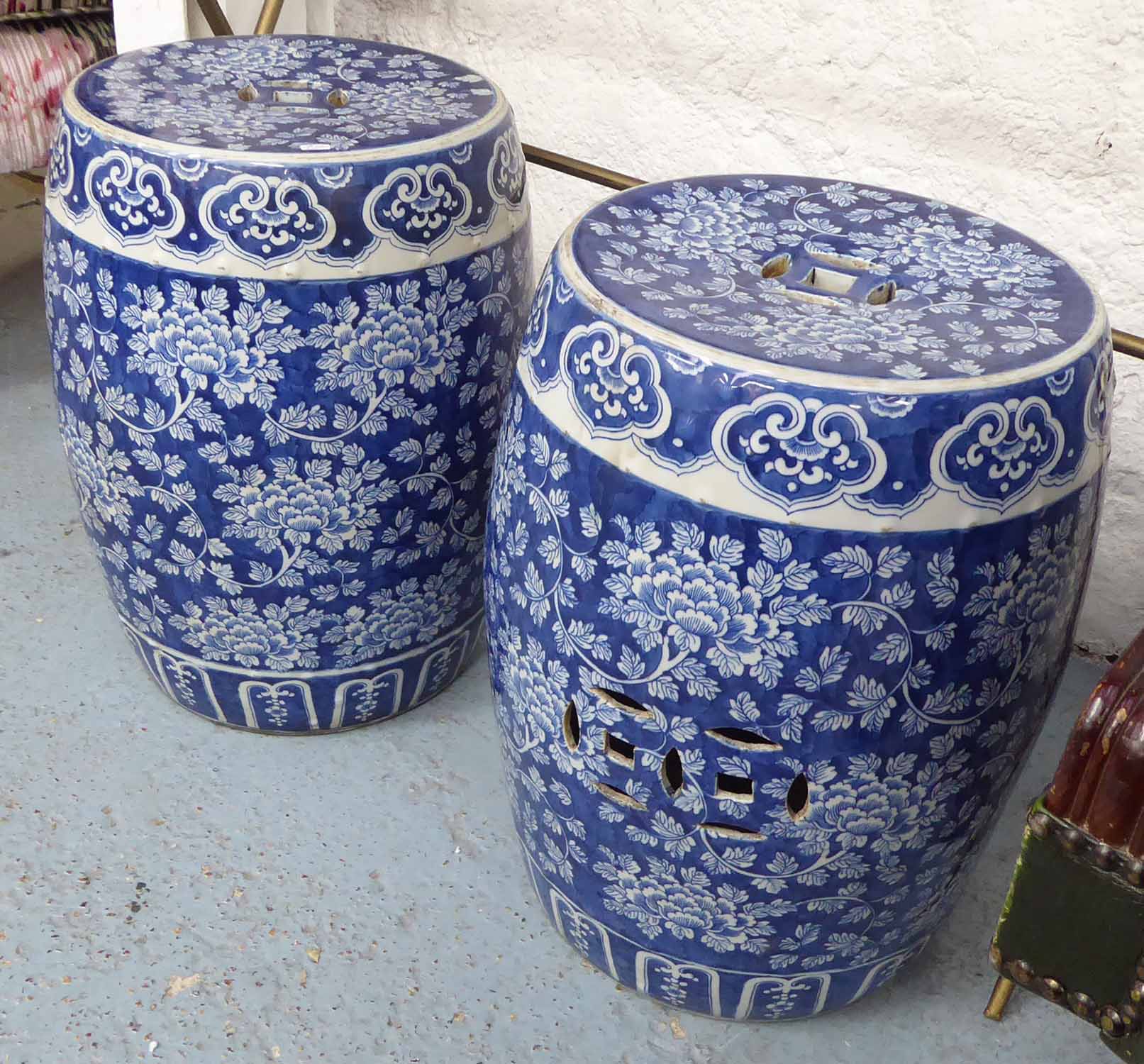 GARDEN SEATS, a pair, Chinese style blue and white, 32cm diam x 46cm H.