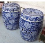 GARDEN SEATS, a pair, Chinese style blue and white, 32cm diam x 46cm H.