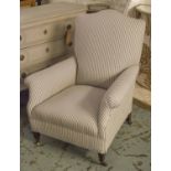 ARMCHAIR, Edwardian birch in ticking material, 78cm W.