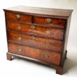 CHEST, early 18th century English Queen Anne figured walnut with two short and three long drawers,