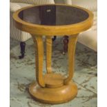 OCCASIONAL TABLE, Art Deco Ash with circular inset black glass top, 65cm H x 60cm D.