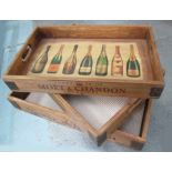 DRINKS TRAYS, a set of six, stamped with various Champagne houses, 56cm W largest.