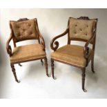 ELBOW CHAIRS, a pair, 19th century carved oak with scroll arms in hessian and buttoned calico.