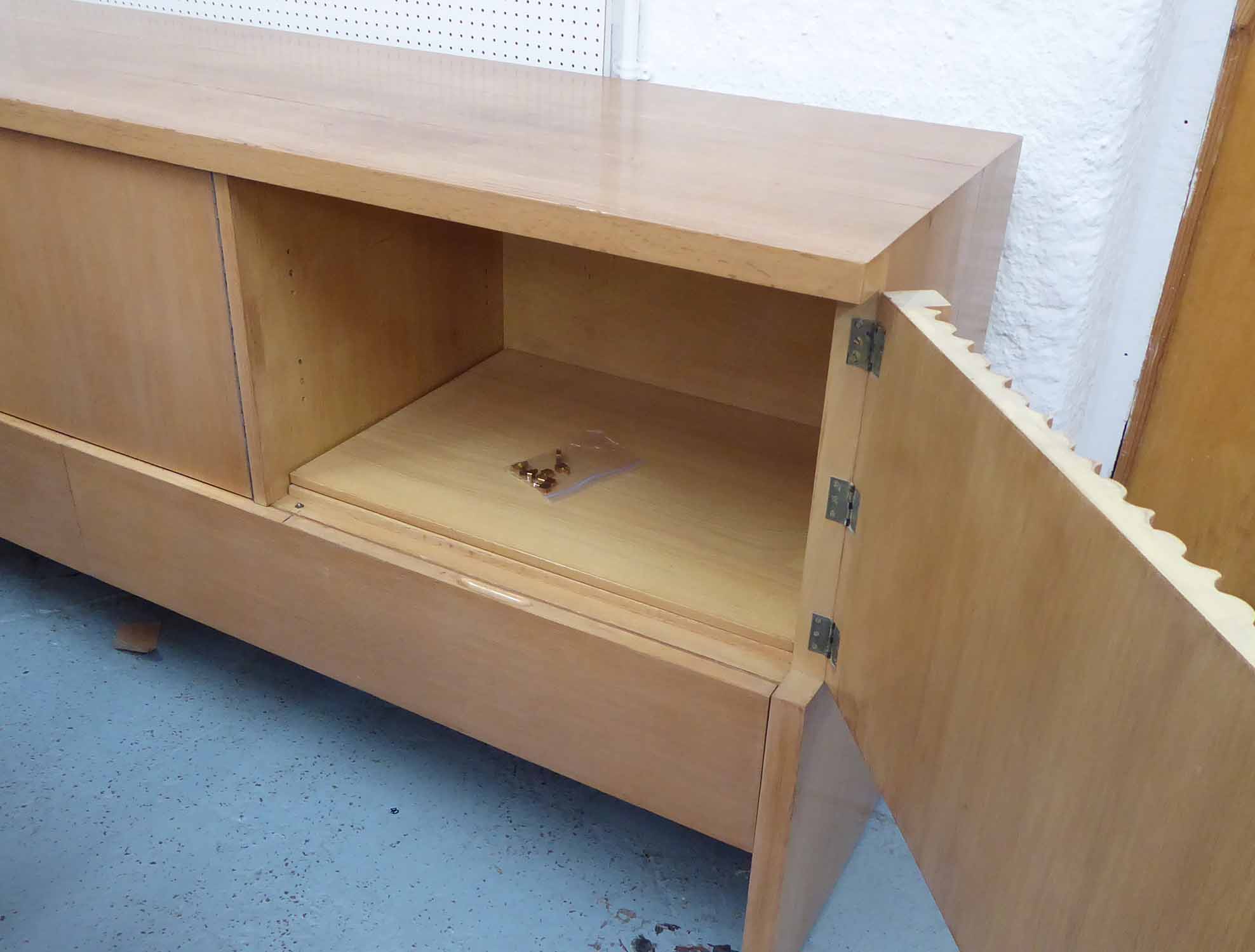 SIDEBOARD, in three sections with shelves and one with three drawers on end block supports, - Image 4 of 4