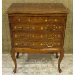 SERPENTINE CHEST, Indian rosewood and brass inlaid with hinged top above three baize lined drawers,