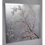 LACQUERED PANEL, Japanese prunus blossom on a silvered ground, 100cm x 100cm.