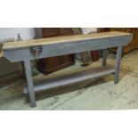 WORKBENCH, vintage rectangular hardwood with vice and stretchered base, 94cm H x 213cm x 44cm.