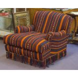 HOWARD STYLE ARMCHAIR, kilim upholstery with cushion seat, 84cm W x 106cm.