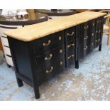 BANK OF SIX DRAWERS, black with a wooden top, 200cm L x 50cm D x 88cm H.
