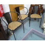 NUKUKU CHAIRS, a set of three, Industrial metal and wicker dining chairs, 80cm H.