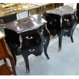SMALL COMMODES, a pair, black with two drawers below a marble top, 59cm x 37cm x 74cm H.