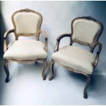 FAUTEUILS, a pair, French Louis XV style grey oak framed and linen upholstered.