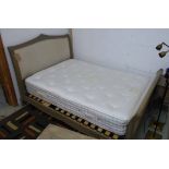 BED FRAME, wooden with natural coloured upholstery, mattress, 143cm W x 123cm H,