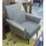ARMCHAIRS, a pair, circa 1950, in geometric patterned and grey leather upholstery.