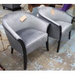 TUB CHAIRS, a pair, Art Deco style, in grey upholstery on splayed ebonised legs, 72cm x 75c, x 78cm.