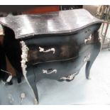 COMMODE, Louis XV style in black with two drawers and marble top, 100cm x 54cm x 84cm.