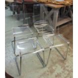 CANTILEVER DESIGN CHAIRS, a set of four, polished metal framed, each with a perspex back and seat,