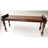 HALL BENCH, Victorian mahogany rectangular with bolster handles and turned supports,