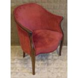 TUB CHAIR, mid 19th century Continental walnut in red chenille, 60cm W.