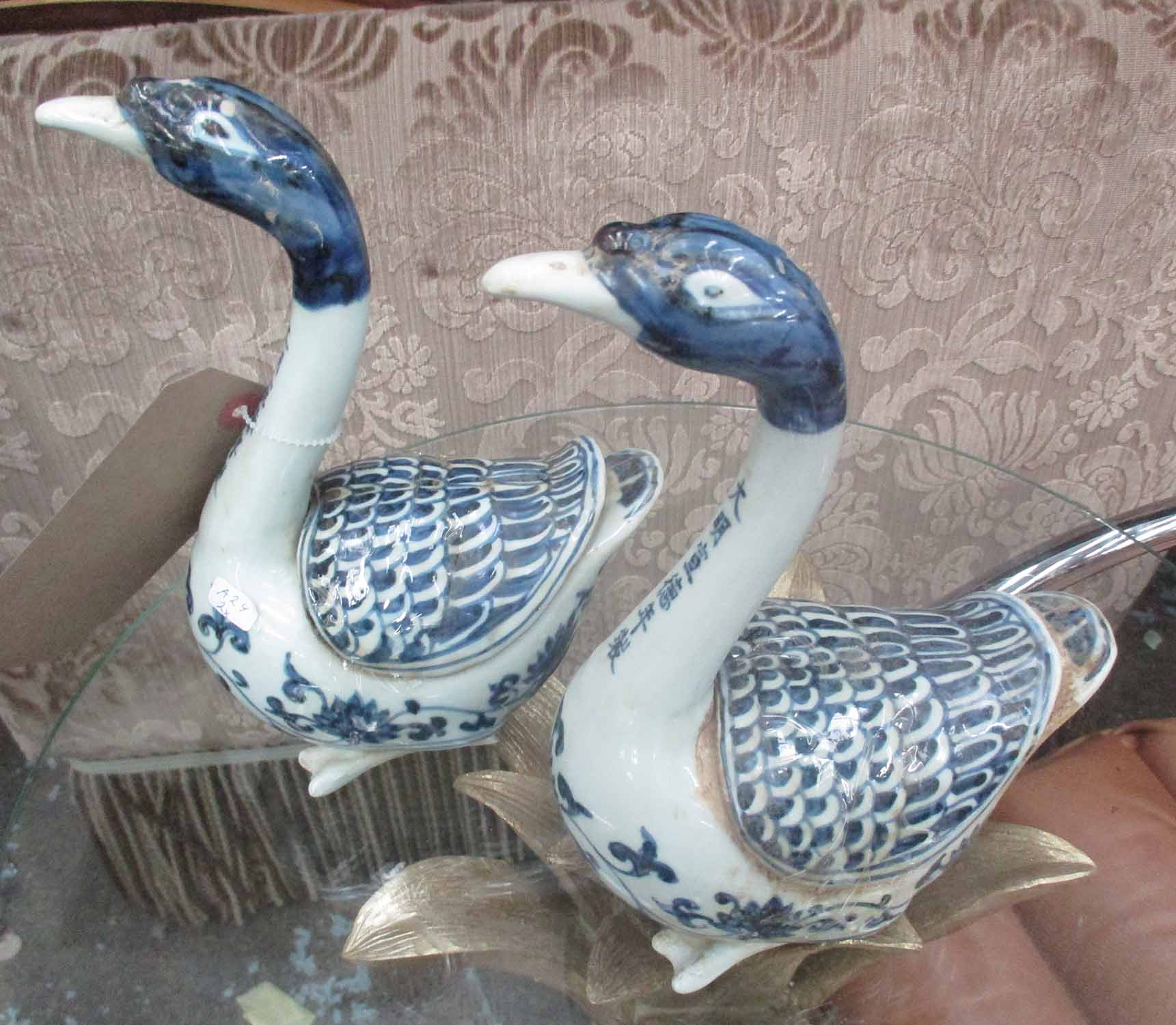 DUCKS, a pair, Chinese style blue and white, 23cm H.