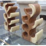 WINE BOTTLE RACKS, a matching pair, natural polished wood contemporary design free standing,