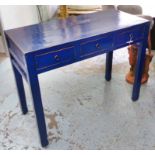 CONSOLE TABLE, Chinese with three frieze drawers in a blue lacquered finish,