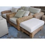 RATTAN CHAIRS, a pair, each 92cm W, and footstool.
