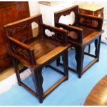 CHINESE CHAIRS, a pair, elm wood with open arms, 55cm W x 48cm D x 82cm H.