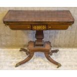 CARD TABLE, Regency rosewood and brass inlaid with foldover top, 73cm H x 89cm W x 43cm D.