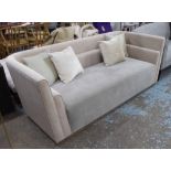 SOFA, in beige and grey suedette, with four scatter cushions, 210cm x 90cm x 77cm.
