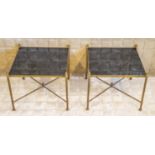 LOW TABLES, a pair, 20th century brass with square black glass tops, 37cm H x 42cm W.