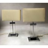 TABLE LAMPS, a pair, 1970's glass each with rectangular pillar and chrome plinth.
