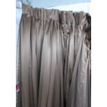 CURTAINS, a pair, brown silk, lined and interlined with a striped ribbon leading edge,