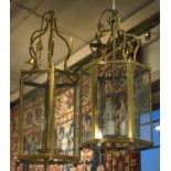 HALL LANTERNS, two, hexagonal brass glazed, one 78cm H x 35cm, the other 52cm H x 27cm.