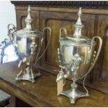 SAMOVARS, a pair, silver plate of substantial proportions,