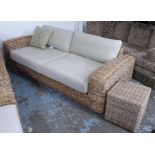 RATTAN SOFA, 212cm L x 100cm D x 55cm H, and side table.