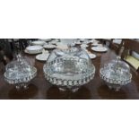 THREE SILVER PLATE DISHES, with glass domes, largest 40cm W x 35cm H.