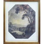 ENGLISH SCHOOL, 'Landscape with viaduct', 18th century ink and wash, 21cm x 17cm, framed and glazed.