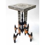 MOORISH STAND, 19th century hardwood square allover bone and mother of pearl inlaid,