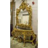 ROCOCO STYLE CONSOLE TABLE AND MIRROR, giltwood with marble top, 160cm x 60cm x 270cm.