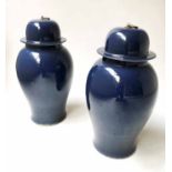 TEMPLE JARS, a pair, Ginger jar form Chinese ceramic blue with lids, 54cm.