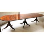 THREE PILLAR DINING TABLE, Regency design mahogany with rounded ends,